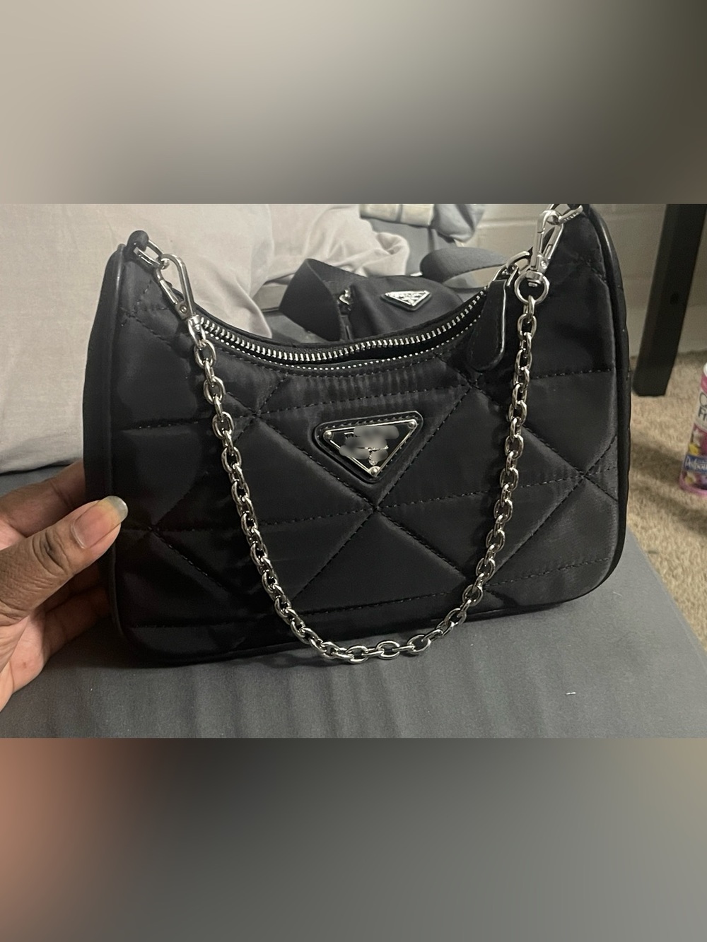 Black Quilted Shoulder Bag with Silver Chain